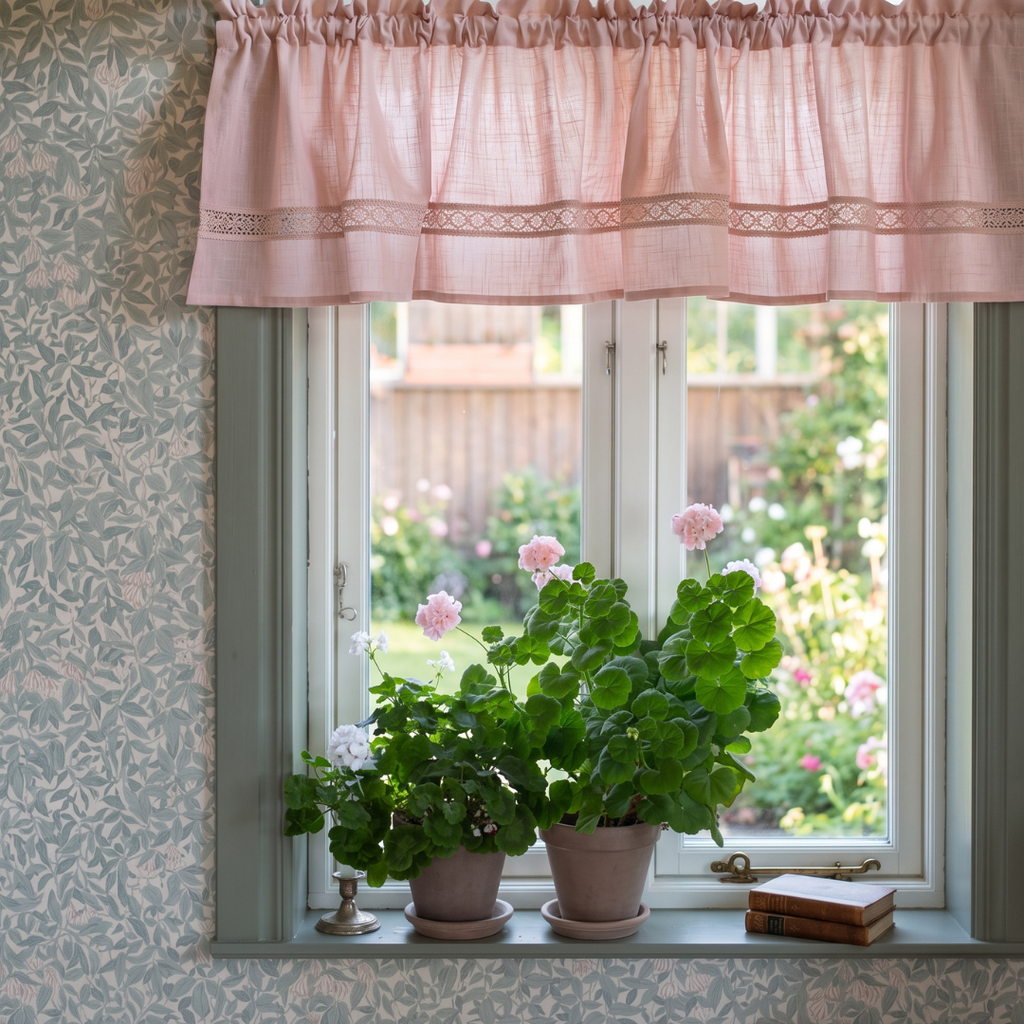 Sanna rosa gardinkappa 50x250 cm med spetsdetalj i ljust köksfönster