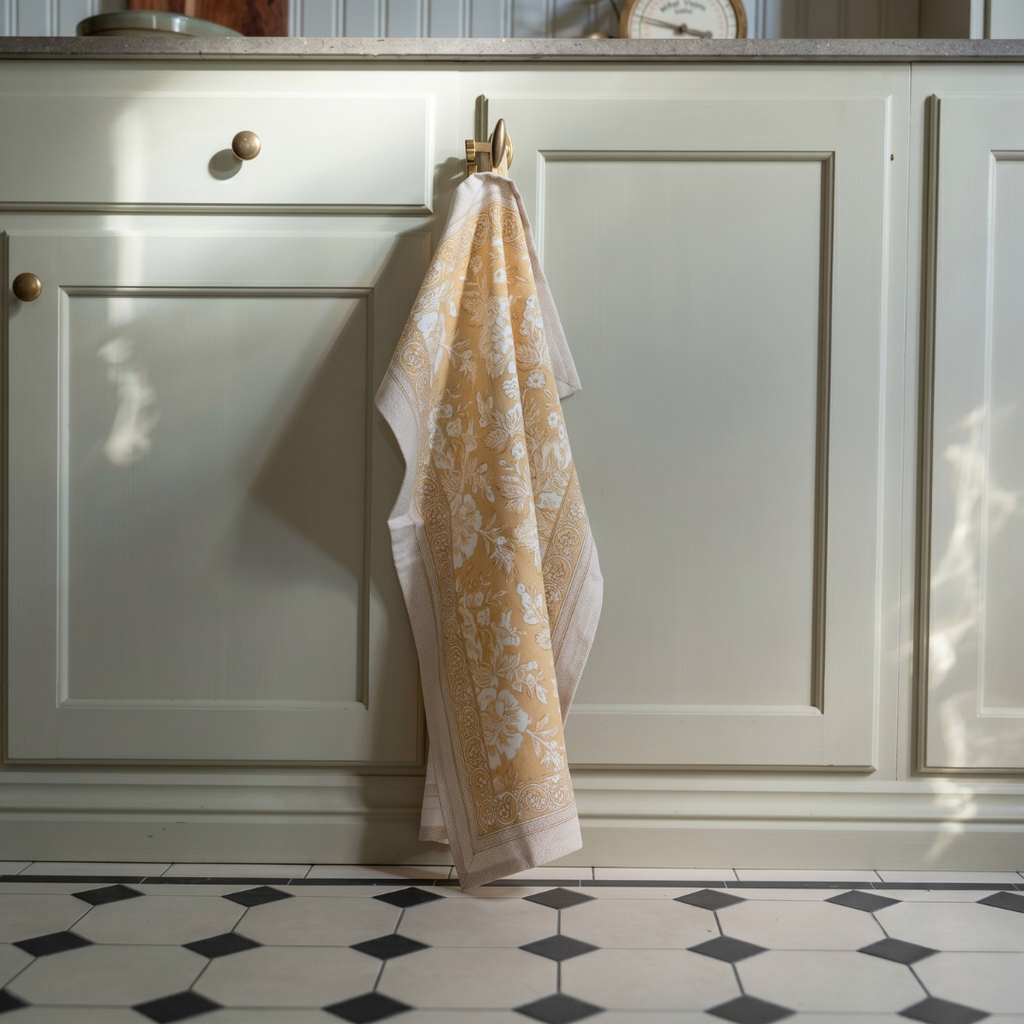 Sonia kökshandduk gul 50x70 cm i bomull hängande i kök