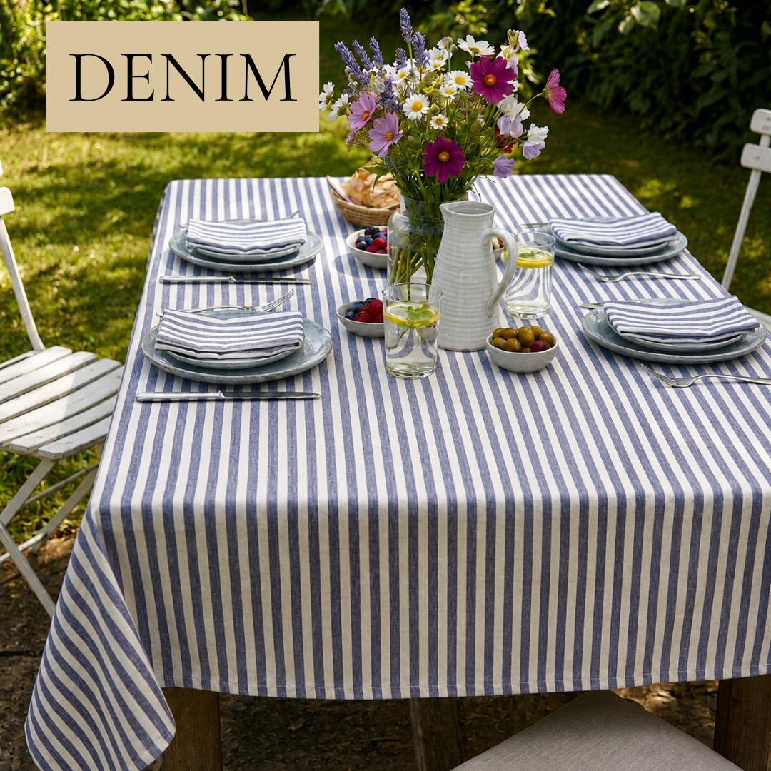 Svea textilvaxduk i Denim med blåvita ränder på somrigt dukat trädgårdsbord med matchande servetter.